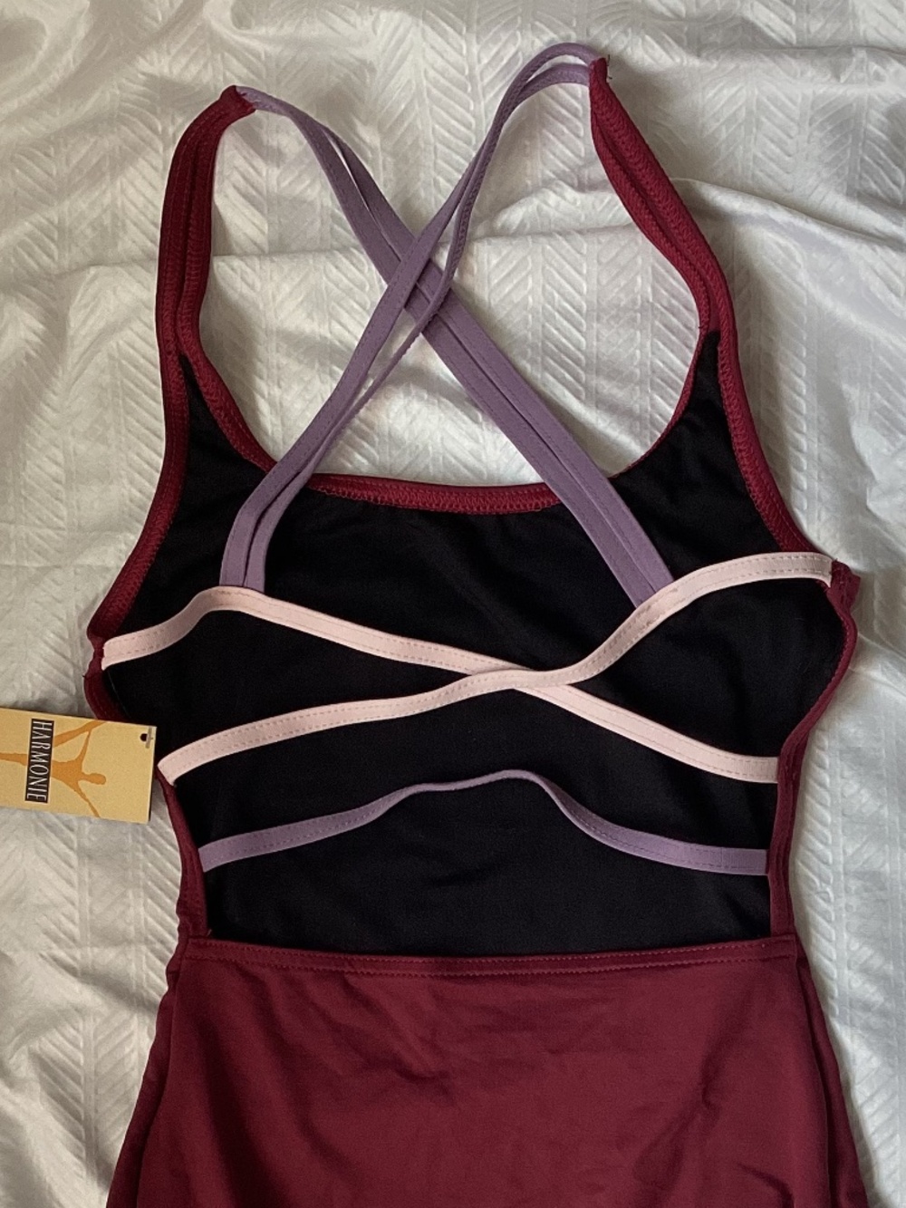 Harmonie Bodywear Cami Dance Leotard Burgundy w/ Pink Purple strappy back XS NEW - Picture 3 of 8